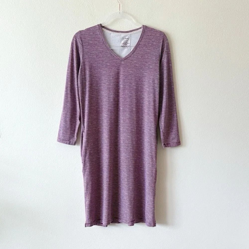 L.L.Bean V Neck Stretch Organic Cotton Jersey Dress Purple Striped Long Sleeve
